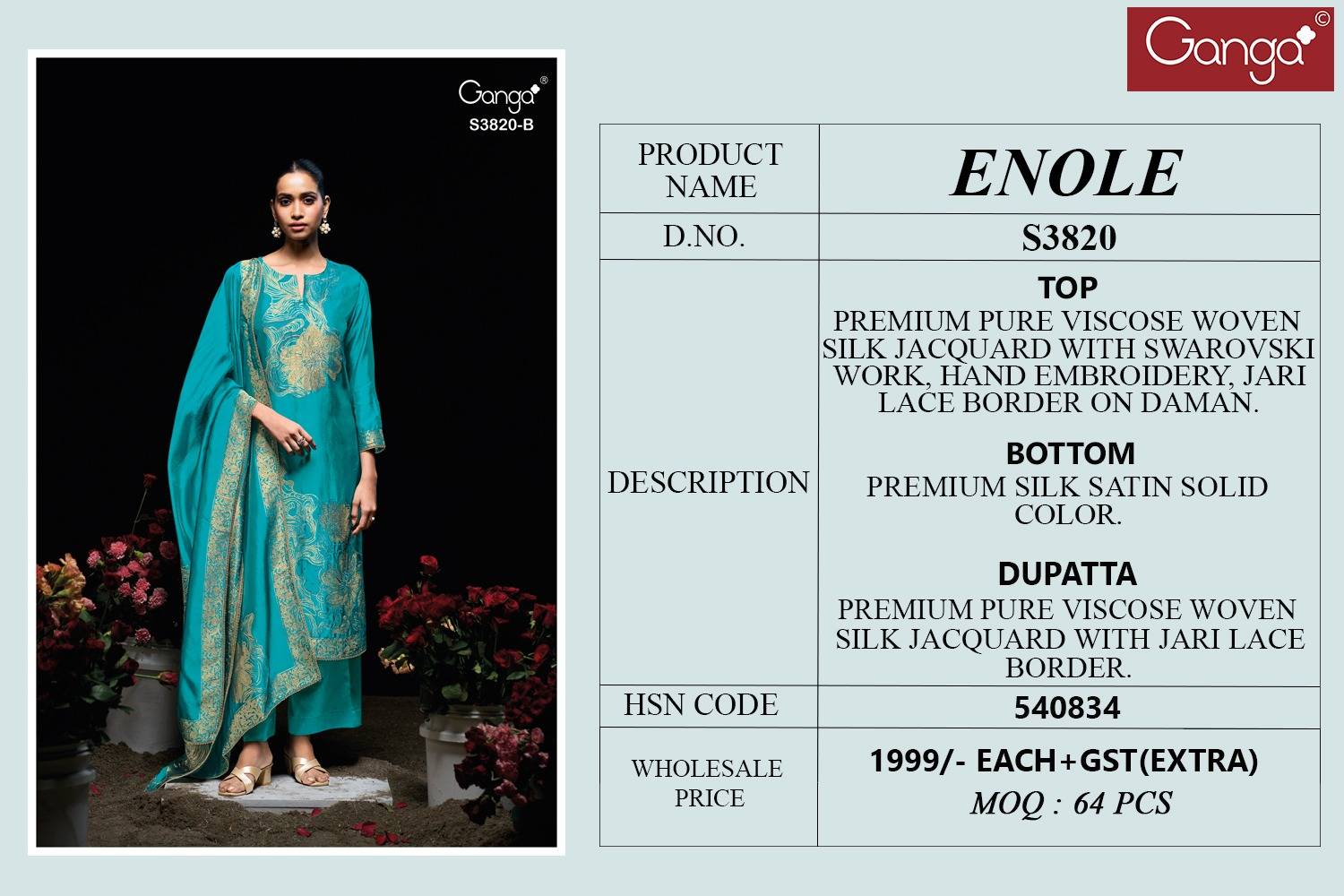 ENOLE 3820 Series By GANGAFASHION Stylish Beautiful Colourful PURE VISCOSE Dresses At Wholesale Price